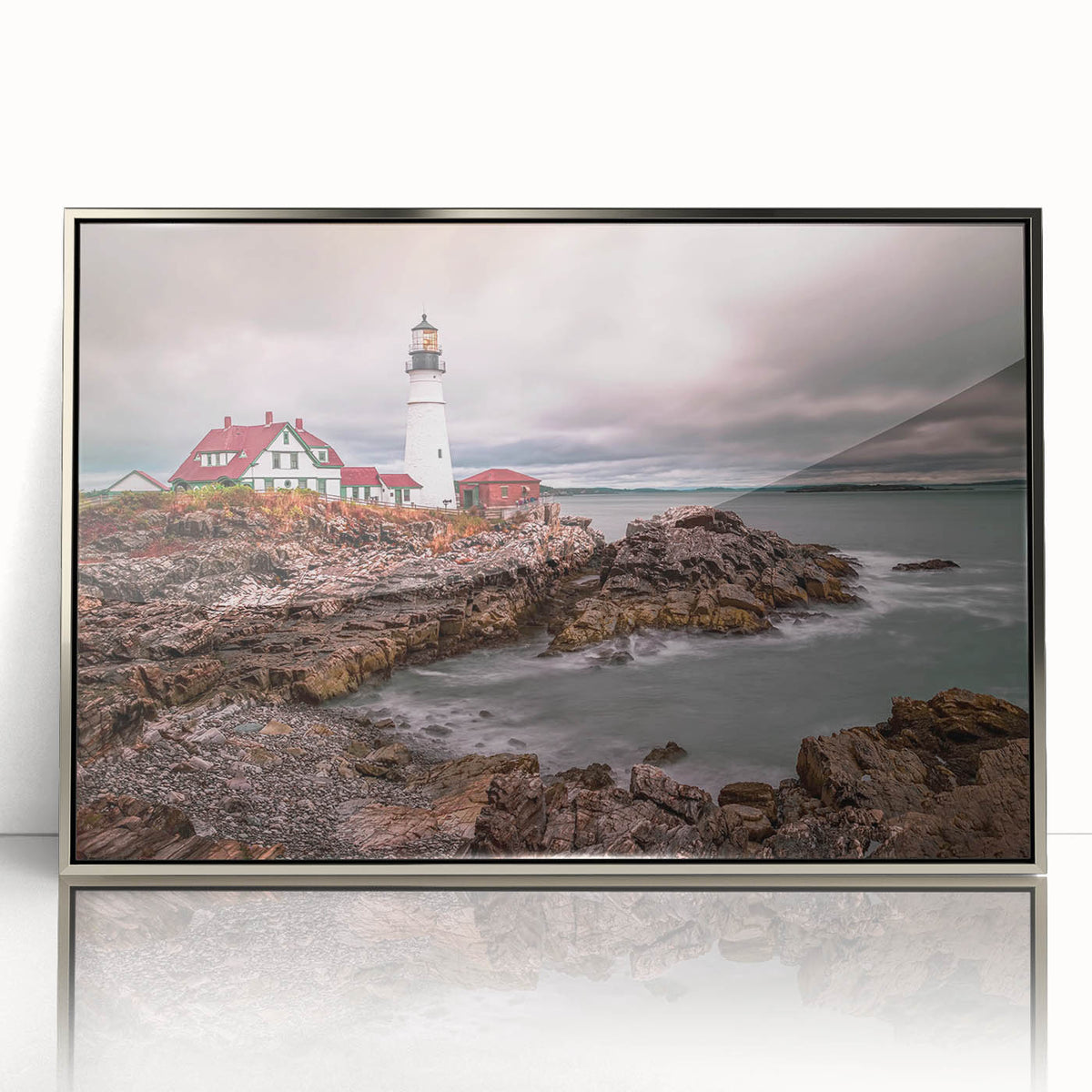 Framed acrylic print of Portland, Oregon skyline in mid-century modernist style with muted earth tones.