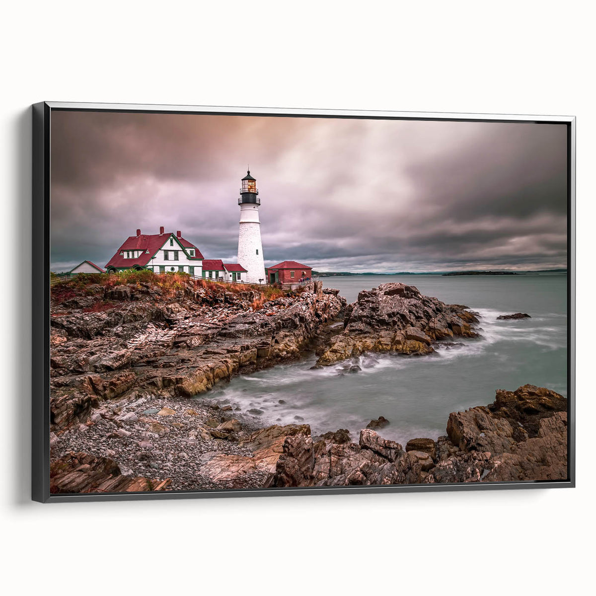 Black and white wall art of Portland, Oregon landscape on framed canvas, ideal for bedroom decor.