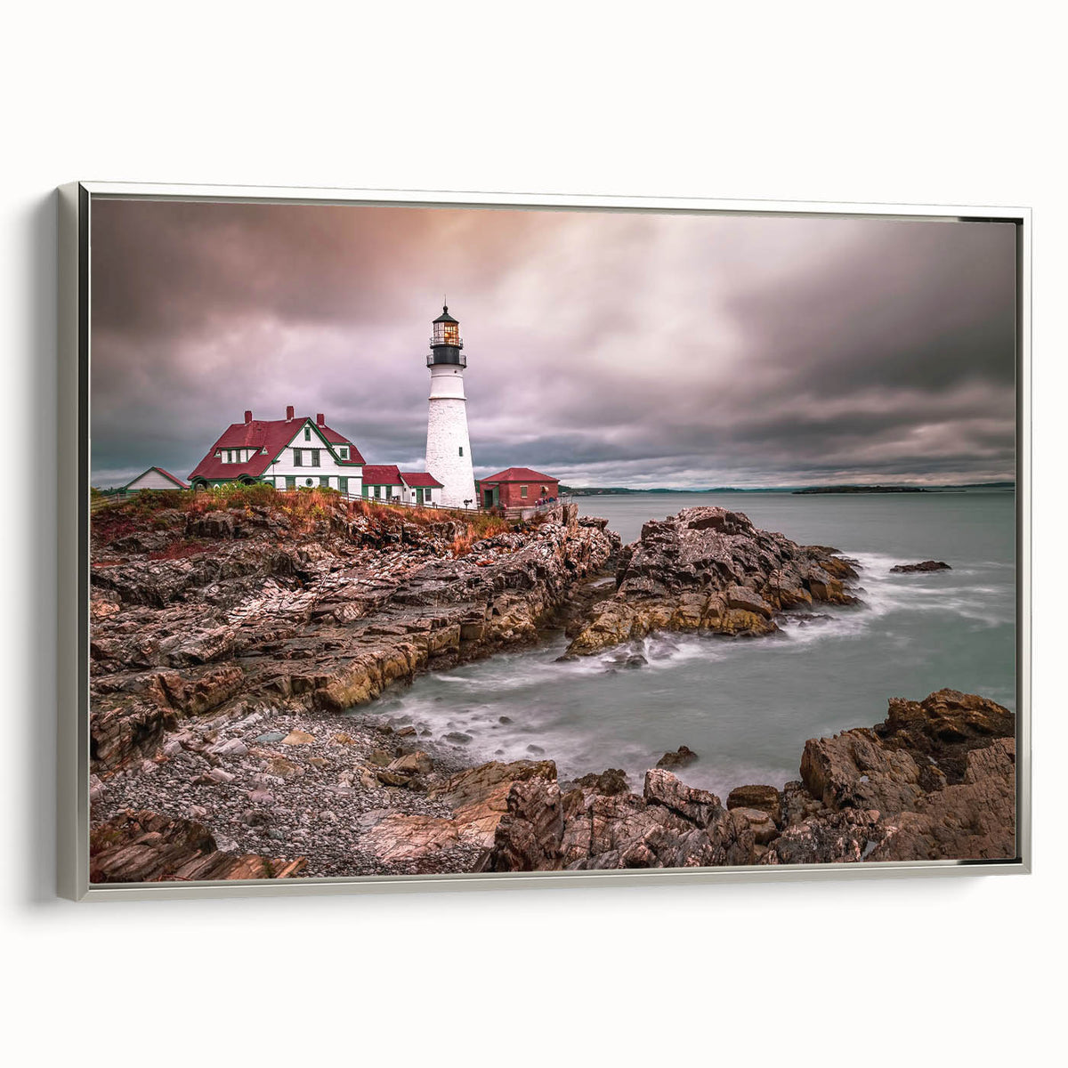 Framed canvas of a vintage-style landscape painting featuring the Portland, Oregon skyline in colorful hues.