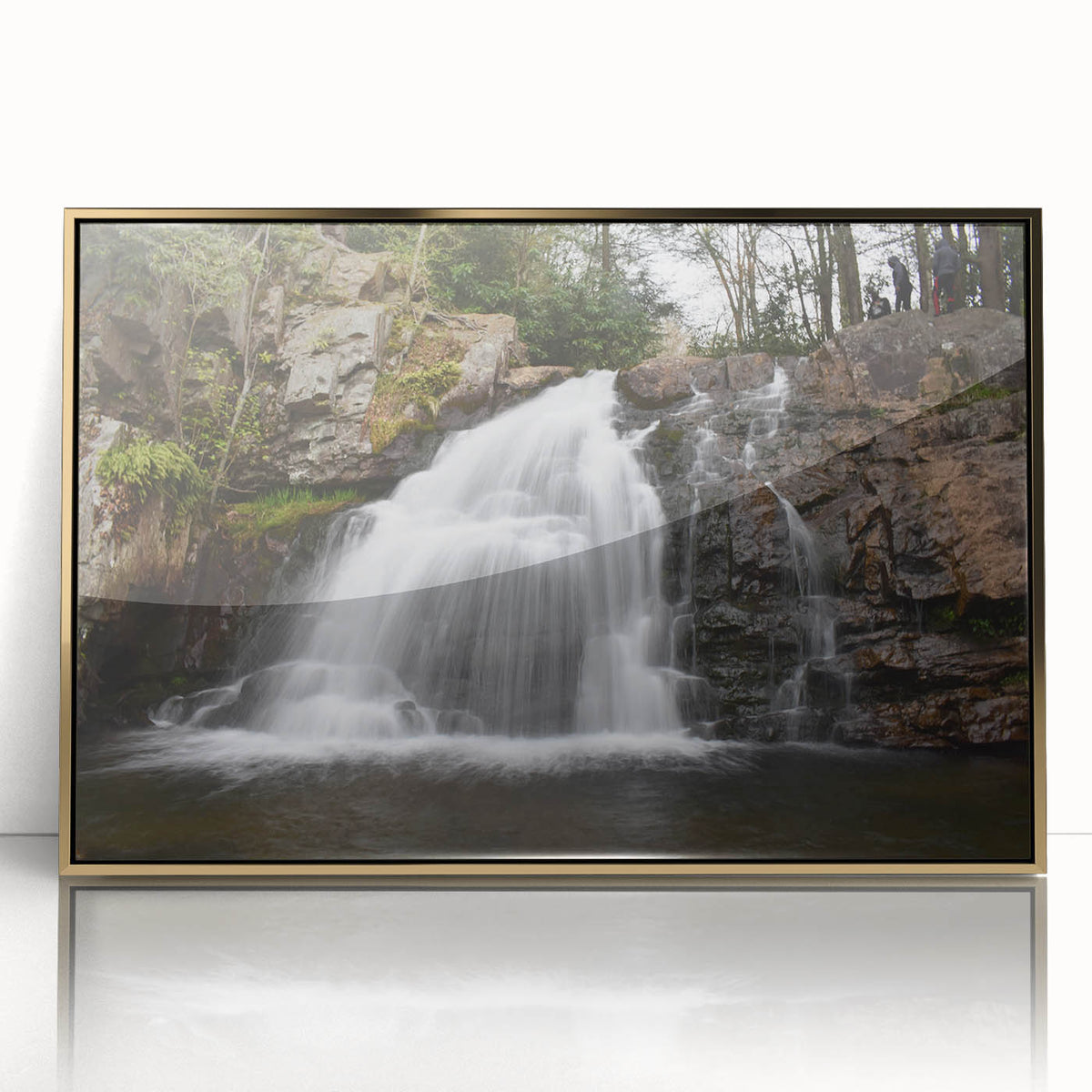 Mid-century modernist acrylic print of Pennsylvania scenery in gold frame, suitable for nursery wall art.