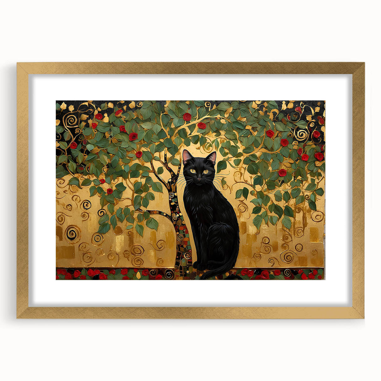 Abstract floral wall art framed with a gold mat, showcasing vibrant colors and intricate designs, perfect for modern home decor. The piece adds elegance and warmth to any interior space.