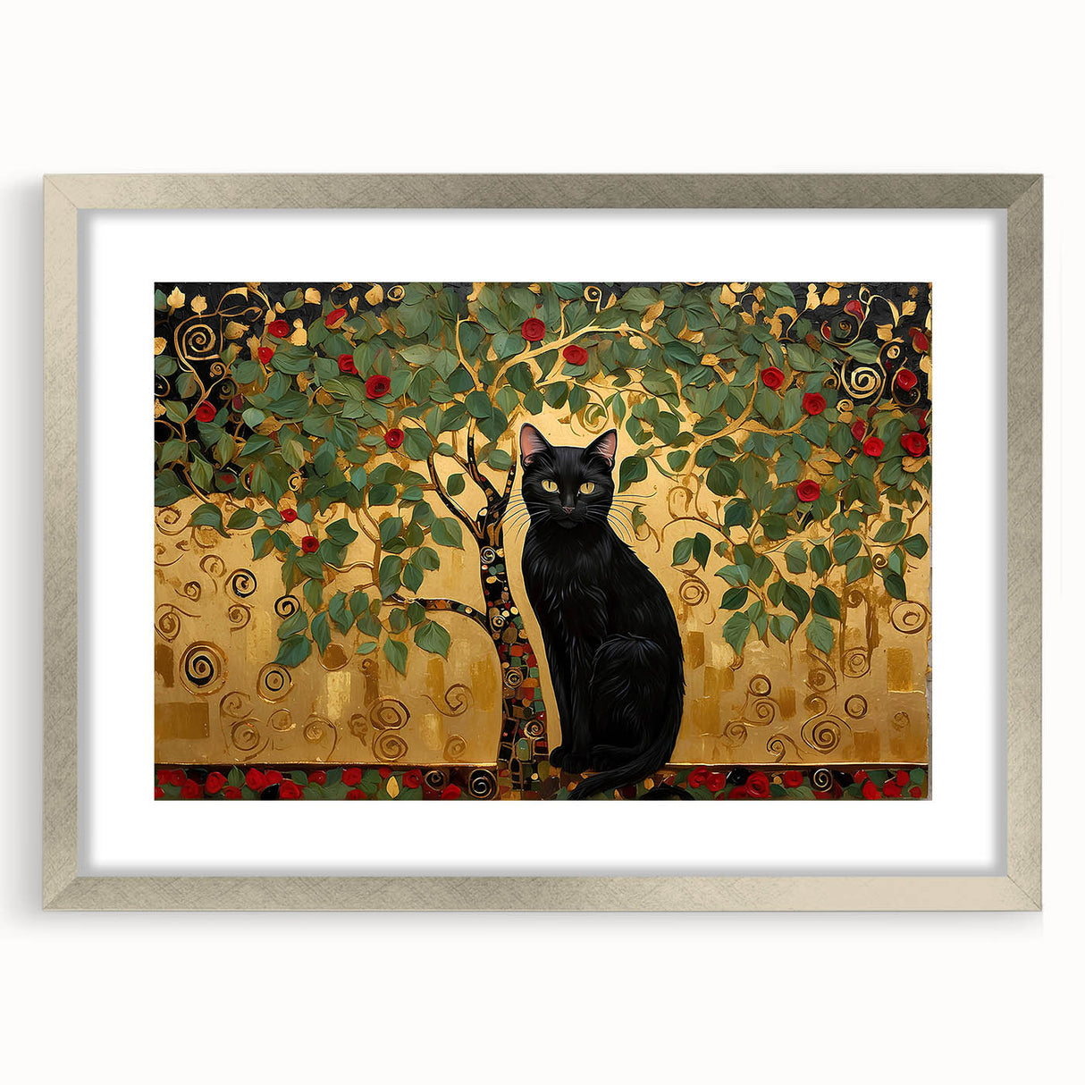 Abstract floral wall art framed in silver, showcasing vibrant colors and intricate patterns, perfect for enhancing modern home decor. The image highlights the artwork's elegant mat and frame, providing a sophisticated touch to any space.