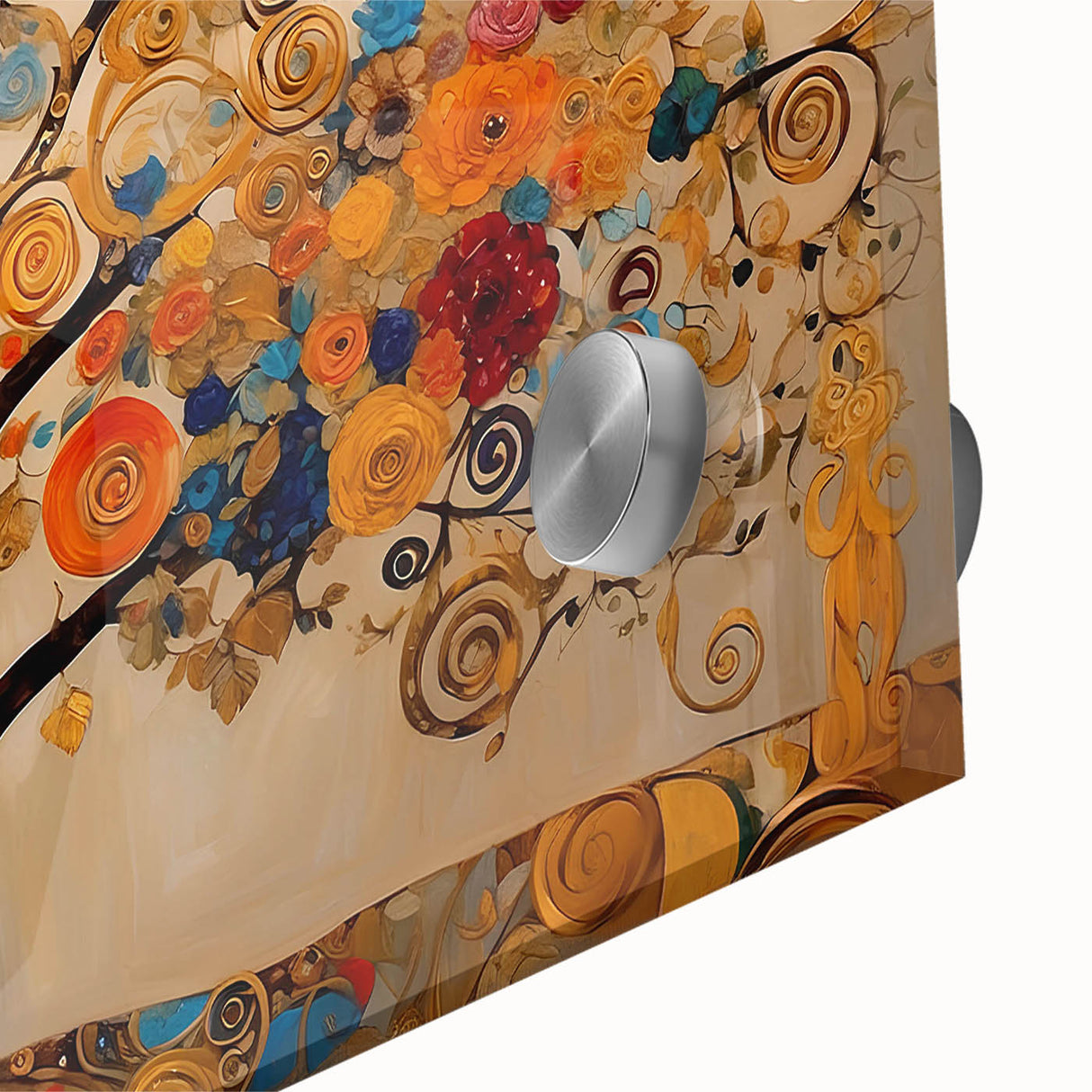 Close-up of vibrant abstract floral wall art on acrylic glass, showcasing rich colors and intricate patterns, perfect for modern home decor.