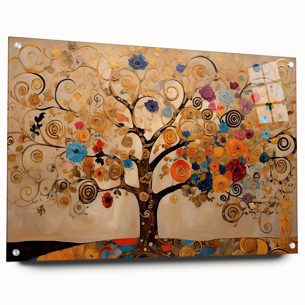 Abstract floral wall art displayed in an acrylic glass frame, showcasing vibrant colors and intricate designs, pinned for an elegant presentation. Perfect for modern home decor.