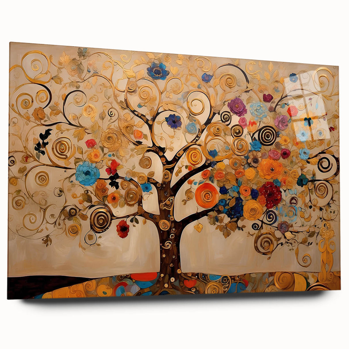 Abstract floral wall art crafted from acrylic glass, showcasing vibrant colors and intricate designs, displayed from a side view without mounting pins. Perfect for modern decor.