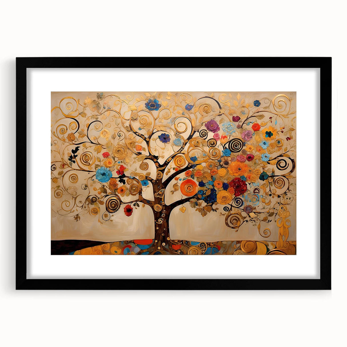 Abstract floral wall art in a black frame with a white mat, showcasing vibrant colors and intricate designs, perfect for modern home decor and aesthetic enhancement.