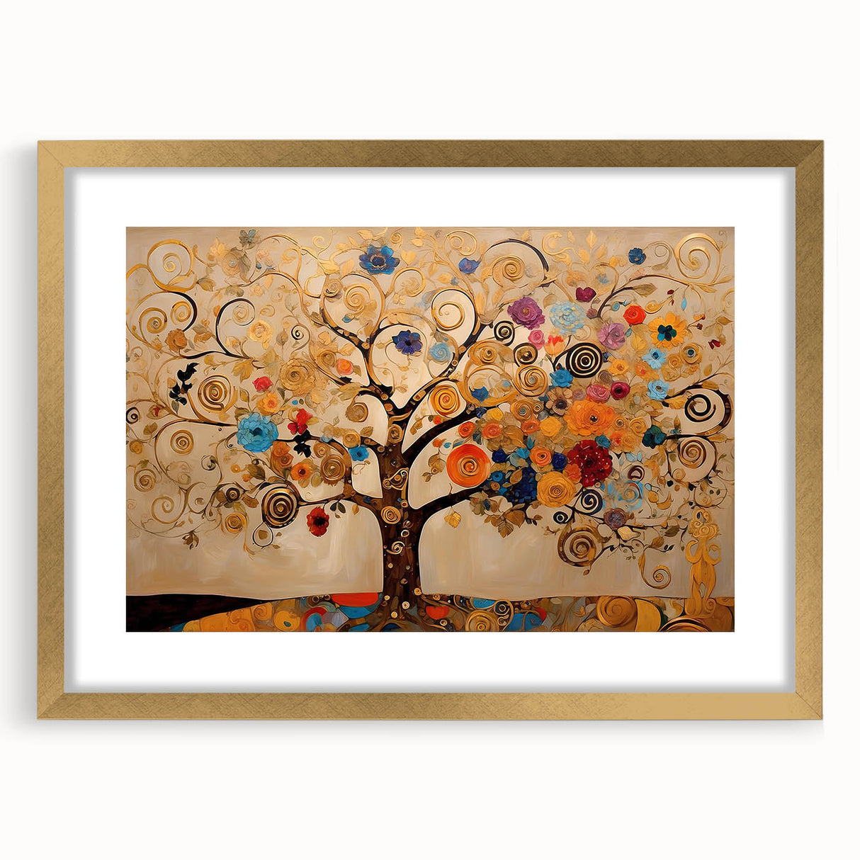 Framed abstract floral wall art with a gold mat, showcasing vibrant colors and intricate designs, perfect for enhancing modern home decor.
