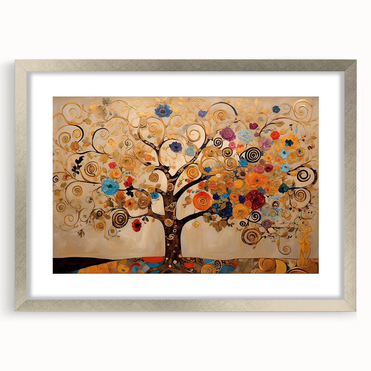 Abstract floral wall art featuring vibrant colors and intricate designs, framed with a silver mat, perfect for modern home decor. This piece adds elegance and a touch of nature to any room.