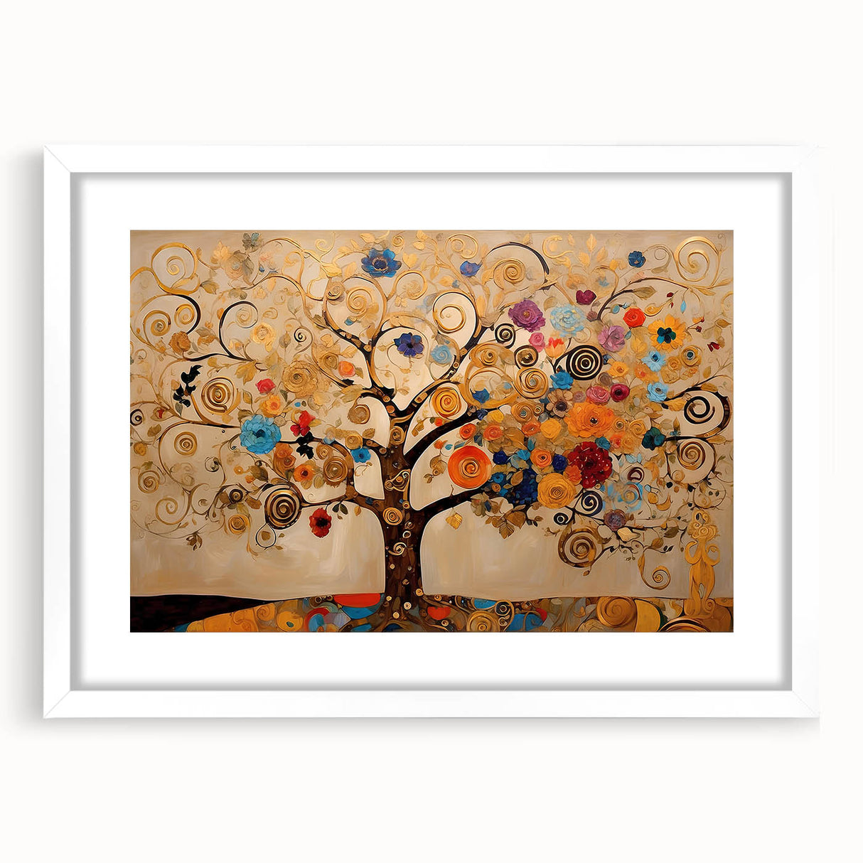 Abstract floral wall art print in a white frame with matting, showcasing vibrant colors and intricate designs, ideal for enhancing modern home decor.