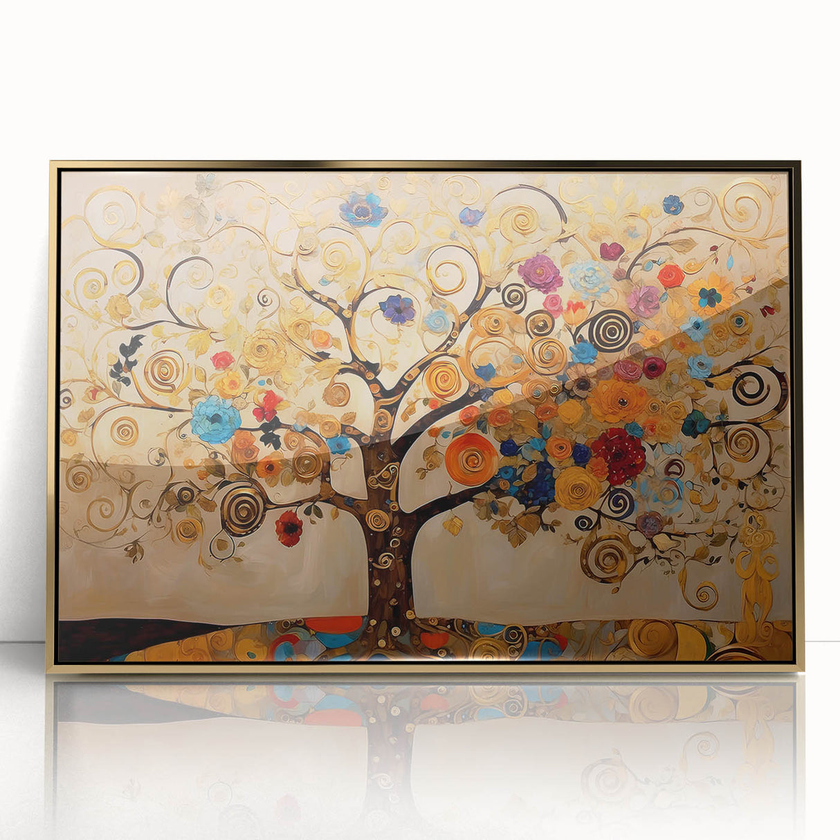 Framed wall art featuring vibrant abstract floral design with gold accents, ideal for modern home decor, adding a touch of elegance and color.