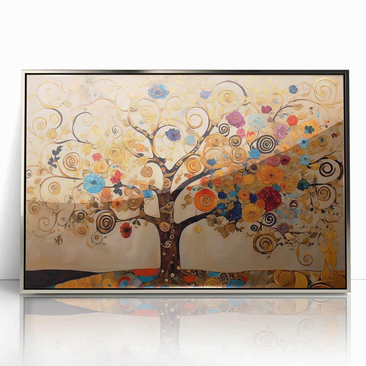 Framed abstract floral wall art featuring vibrant colors and intricate patterns, set in a sleek silver frame, perfect for modern home decor.