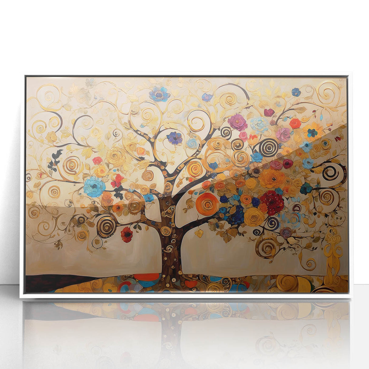 Framed wall art featuring vibrant abstract florals in a white acrylic frame, showcasing bold colors and contemporary design, perfect for modern home decor.