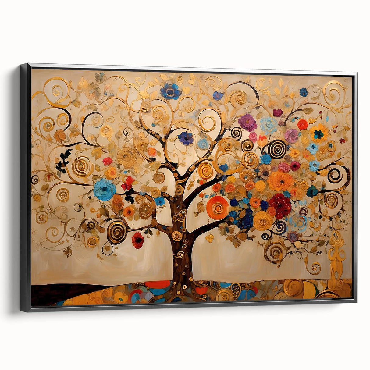 Abstract floral wall art in a sleek black frame, showcasing vibrant colors and intricate patterns, ideal for modern home decor in living rooms or offices.