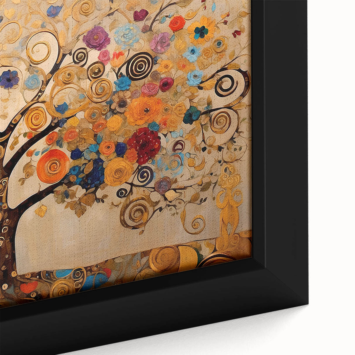Close-up of a vibrant abstract floral wall art framed canvas, showcasing intricate brushstrokes and rich colors, perfect for modern home decor.
