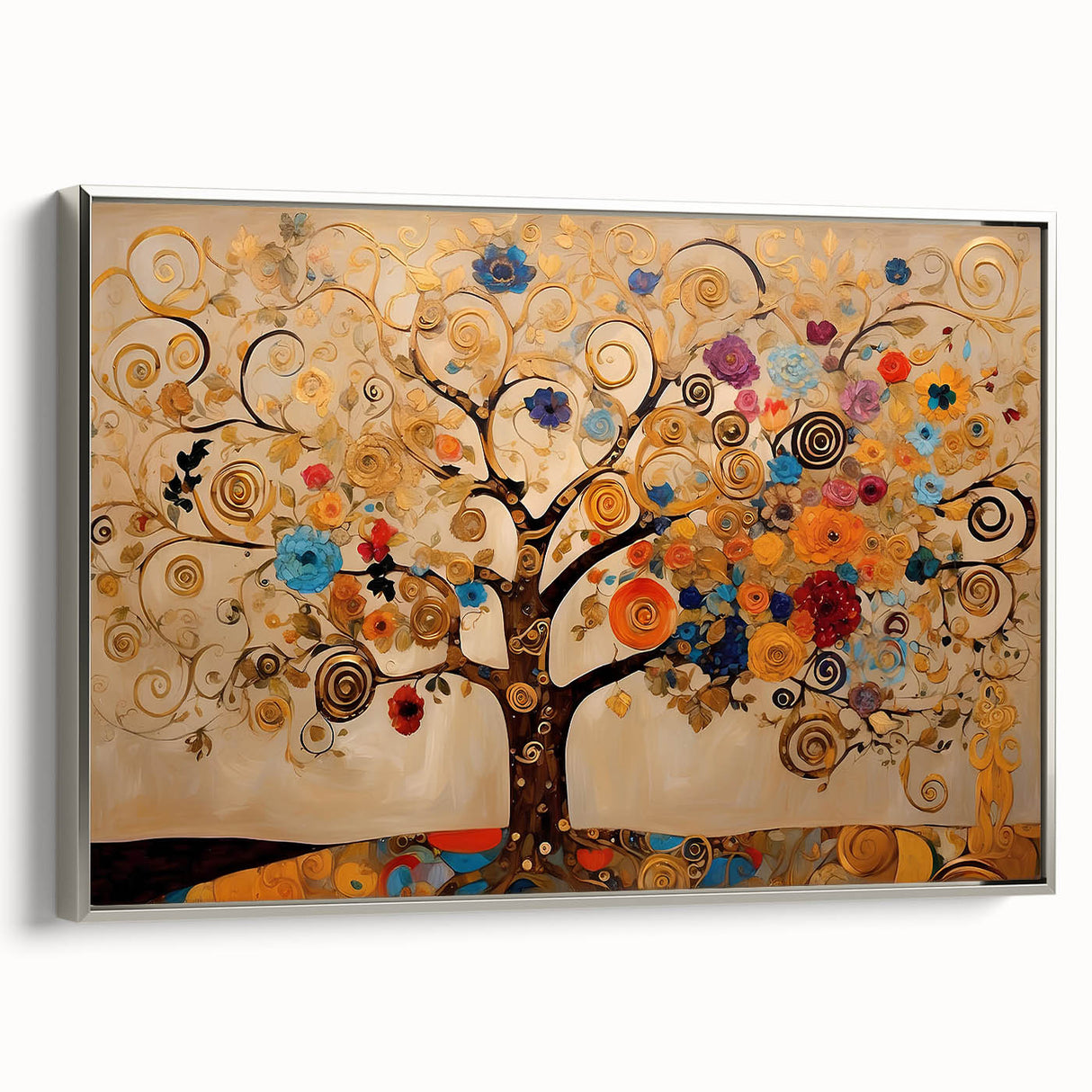 Framed canvas wall art showcasing an abstract floral design with vibrant colors, featuring a sleek silver frame, ideal for modern home decor.
