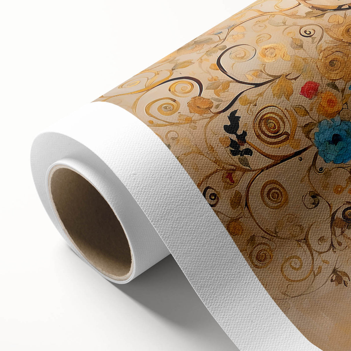 Vibrant abstract floral wall art on rolled canvas, showcasing bold colors and intricate patterns, ideal for modern home decor. Packaged securely in a protective cardboard tube.