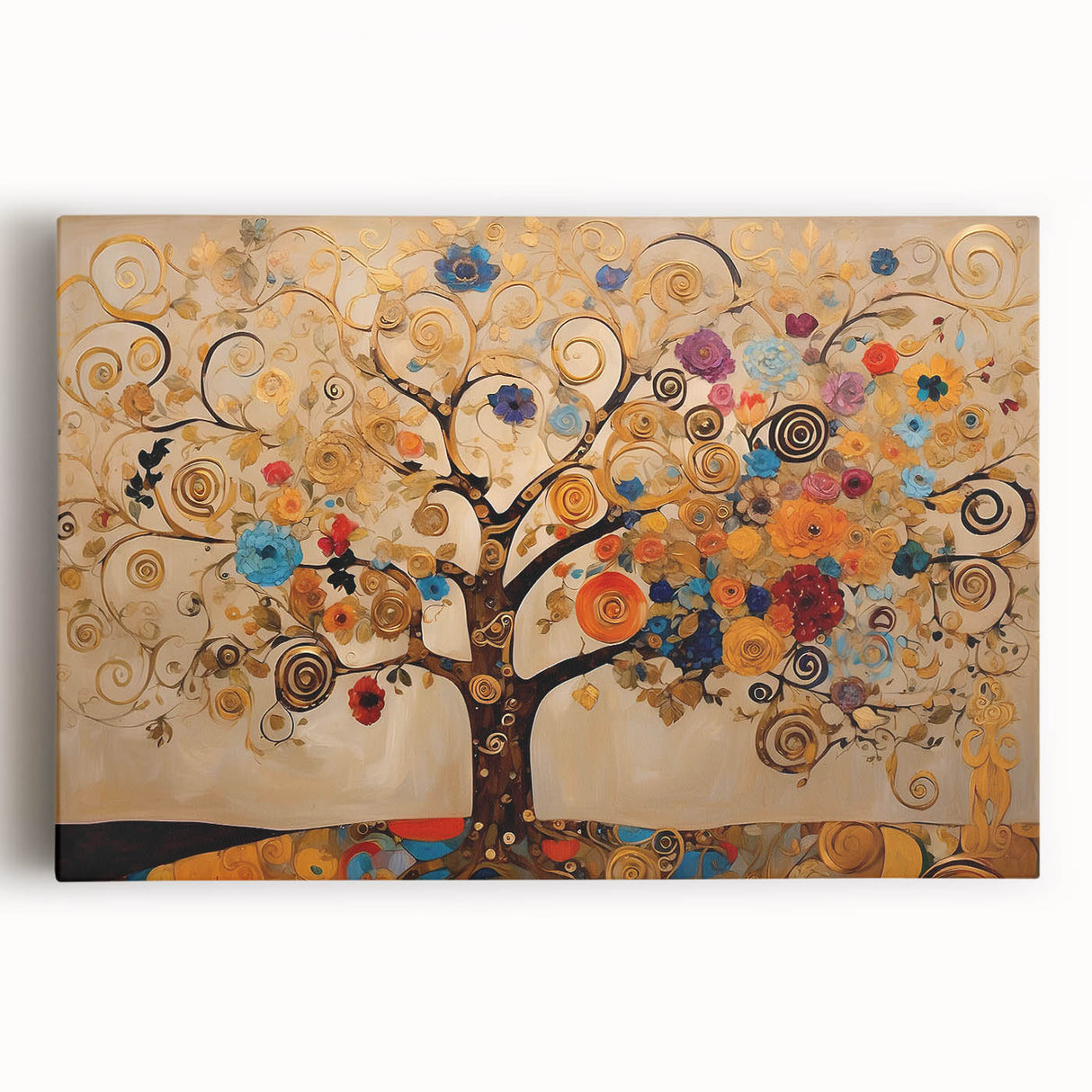 Vibrant abstract floral wall art on stretched canvas, featuring bold colors and intricate designs, perfect for modern home decor enhancement.
