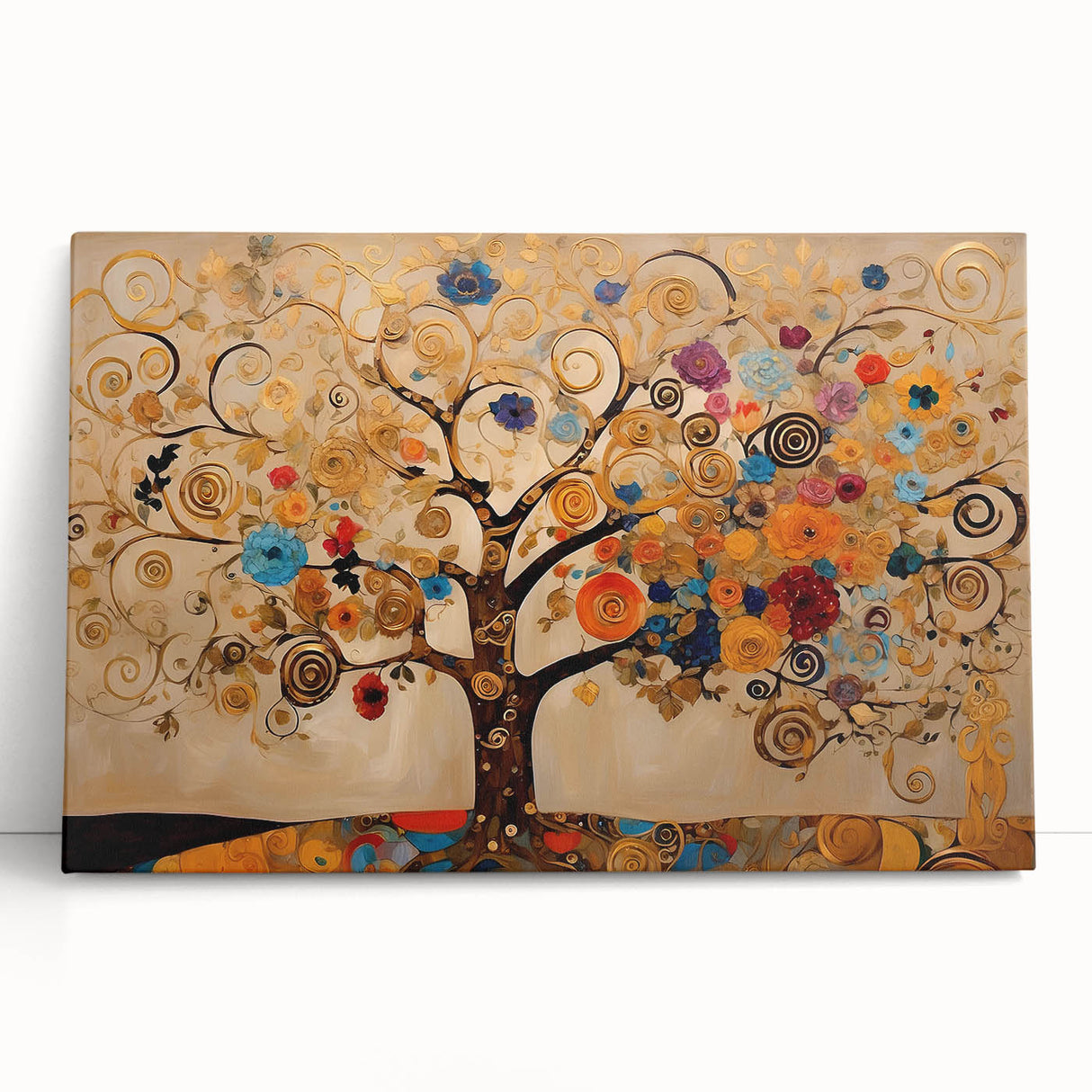 Abstract floral wall art on stretched canvas, featuring vibrant colors and intricate designs, leaning against a neutral wall, ideal for modern decor.