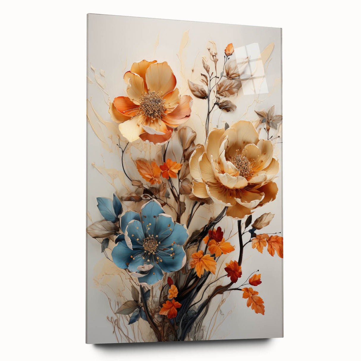 Abstract floral wall art displayed from the side, showcasing vibrant colors and intricate designs on acrylic glass, perfect for modern home decor.