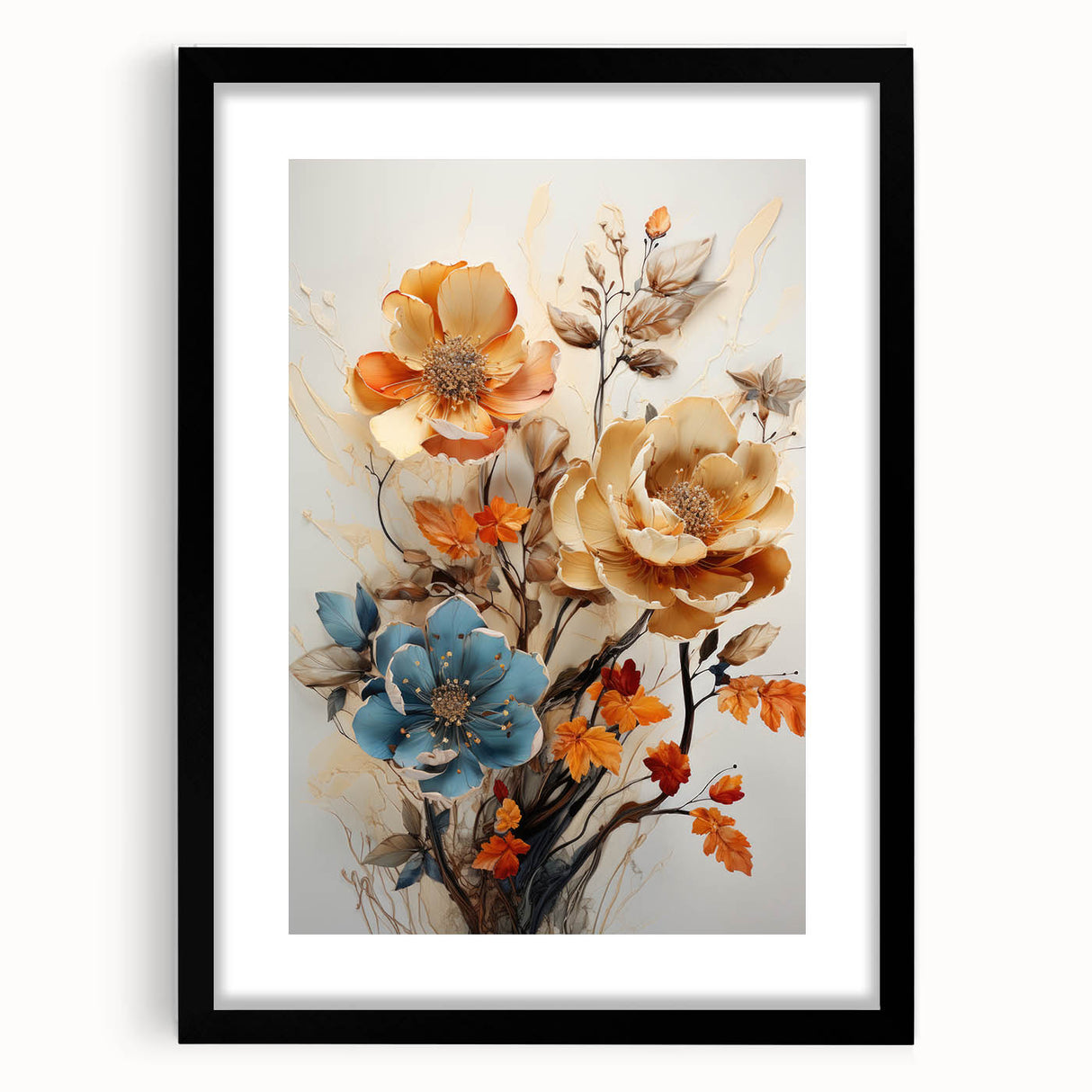 Abstract floral wall art framed in black, showcasing vibrant colors and intricate patterns, ideal for modern home decor and adding a touch of elegance.