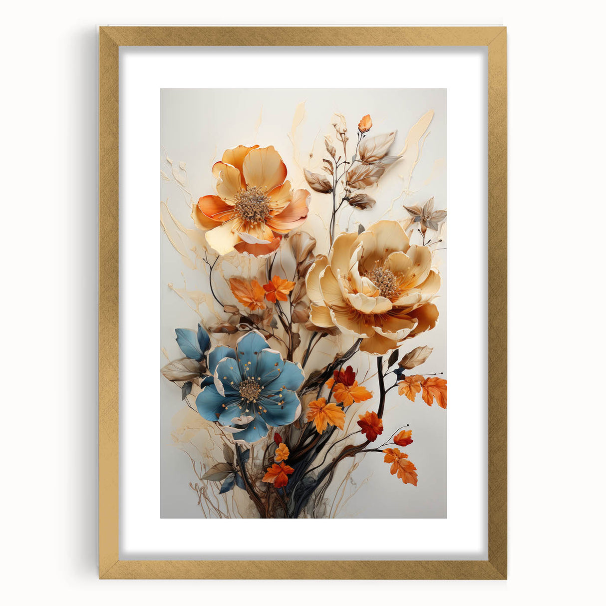 Abstract floral wall art framed in gold with a white mat, showcasing vibrant colors and intricate patterns, perfect for modern home decor accents.