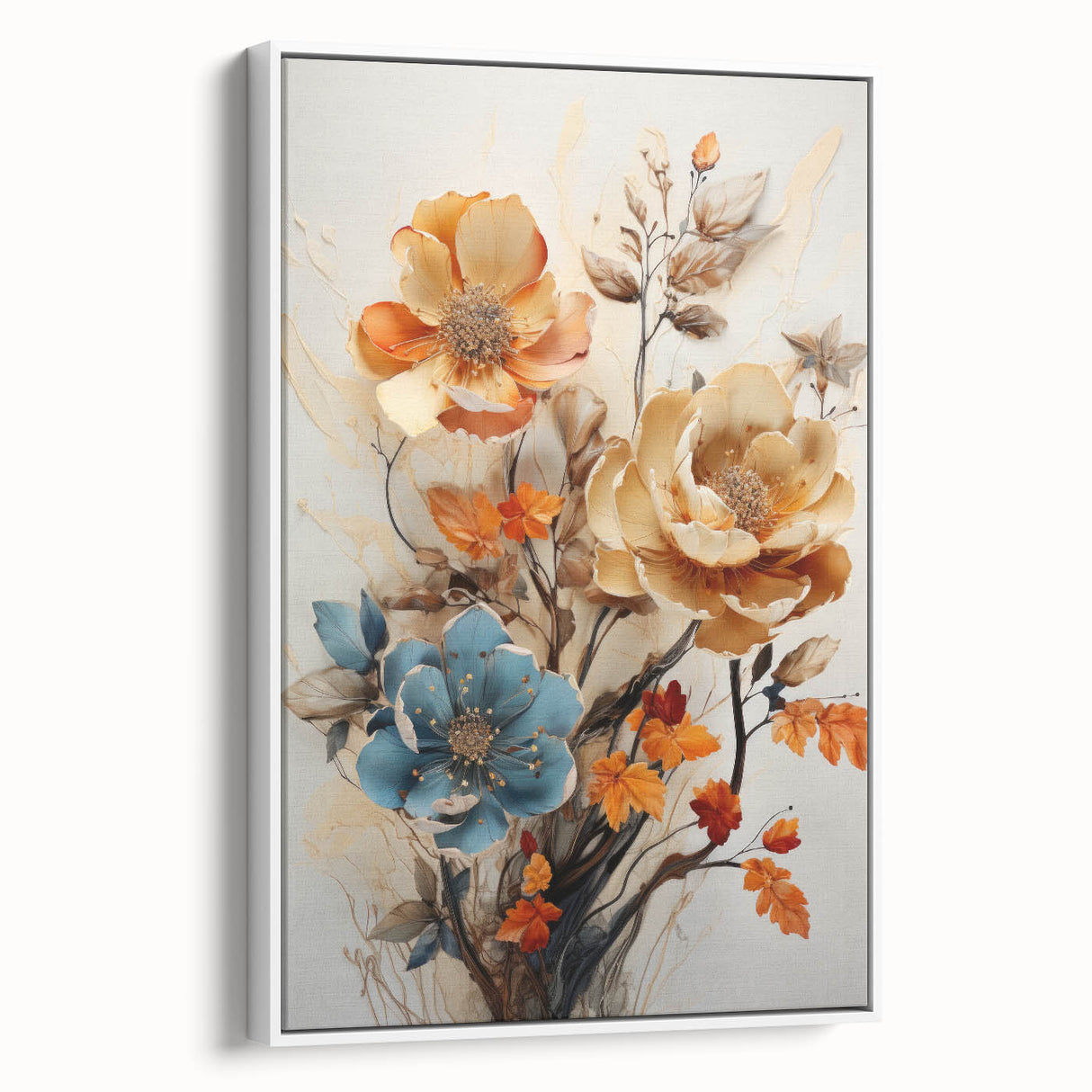 Framed canvas wall art showcasing a vibrant abstract floral design in shades of pink, blue, and green, displayed from the side on a clean white background, ideal for modern home decor.
