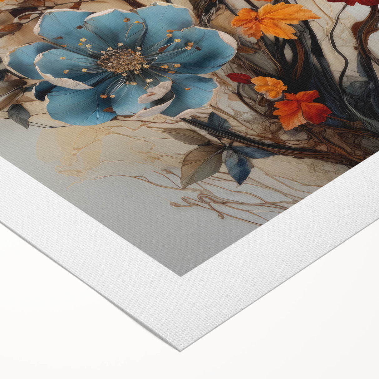 Vibrant abstract floral wall art printed on rolled canvas, showcasing vivid colors and intricate designs, ideal for modern home decor and artistic spaces.