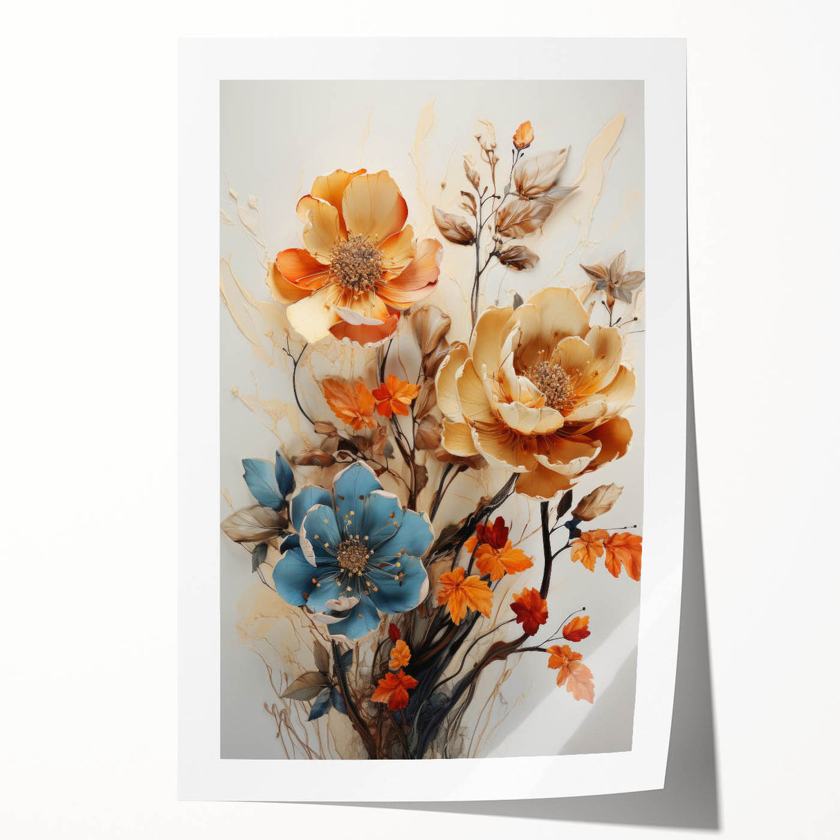 Colorful abstract floral wall art print showcasing a vibrant mix of pink, blue, and green hues, ideal for brightening up any modern living space or office.