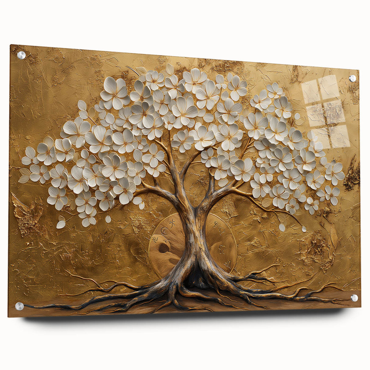 Abstract floral wall art displayed in a side view, showcasing vibrant colors and intricate patterns, mounted with pins on a sleek acrylic glass background. Ideal for modern home decor.