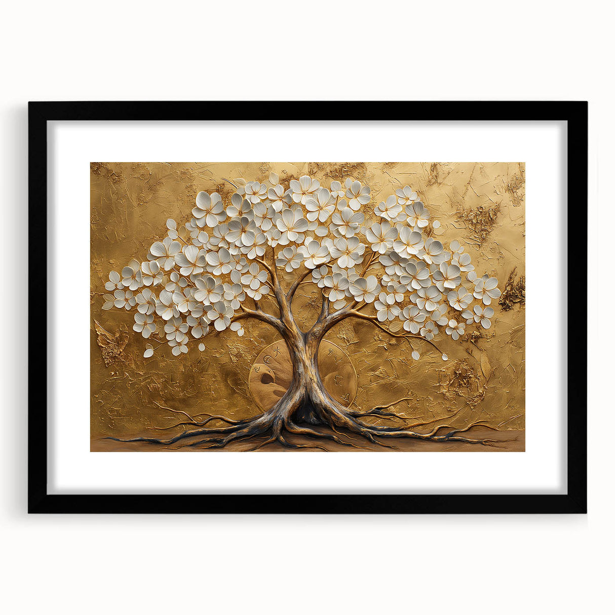 Abstract floral wall art in a sleek black frame with a mat, showcasing vibrant colors and intricate designs, perfect for modern home decor.