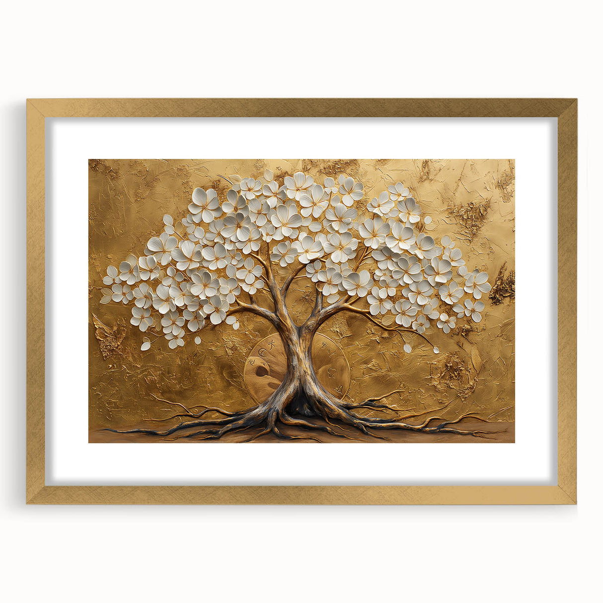 Abstract floral wall art framed in gold with a white mat, showcasing intricate flower designs in vibrant colors, perfect for modern home decor.