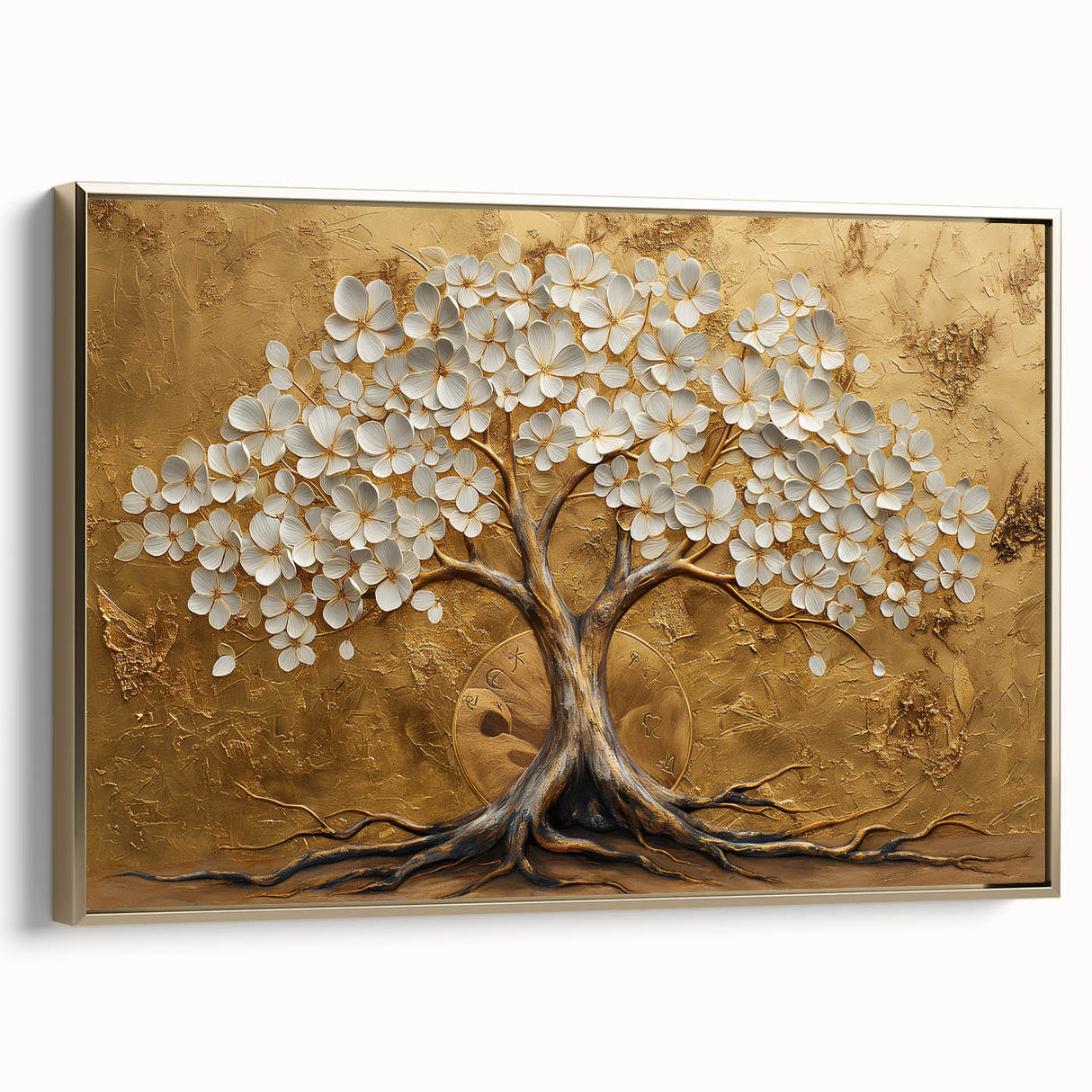 Framed canvas artwork showcasing an abstract floral design with gold accents, side view highlighting intricate details and elegant presentation for modern decor.