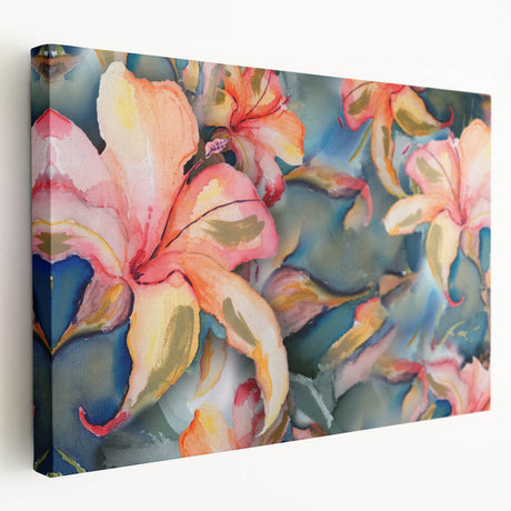 Abstract floral stretched canvas artwork showcasing vibrant colors and intricate patterns, displayed in a side view to highlight its depth and texture. Ideal for modern home decor, this piece adds a touch of elegance to any space.