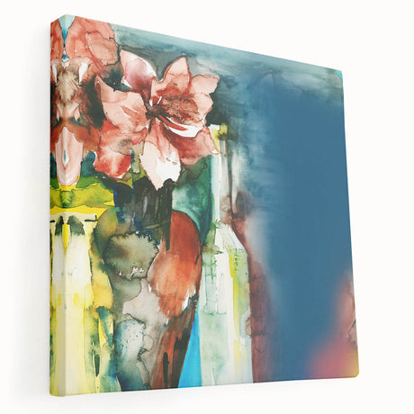Abstract floral stretched canvas artwork showcasing vibrant colors with intricate patterns, viewed from the side. Perfect for enhancing modern home decor.