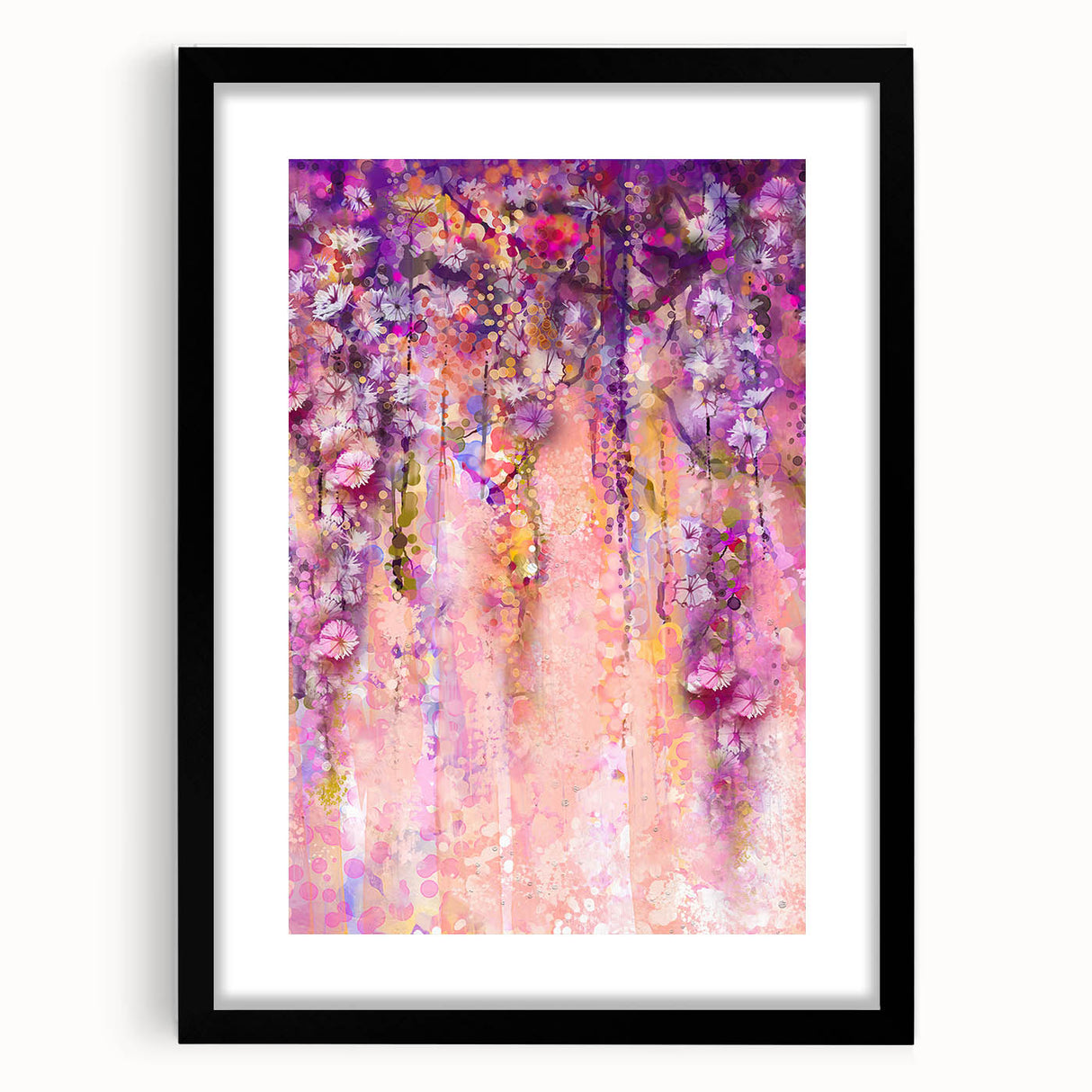 Abstract floral wall art framed in black, featuring vibrant colors and intricate designs, perfect for home decor or gallery display, enhancing any space's aesthetic appeal.