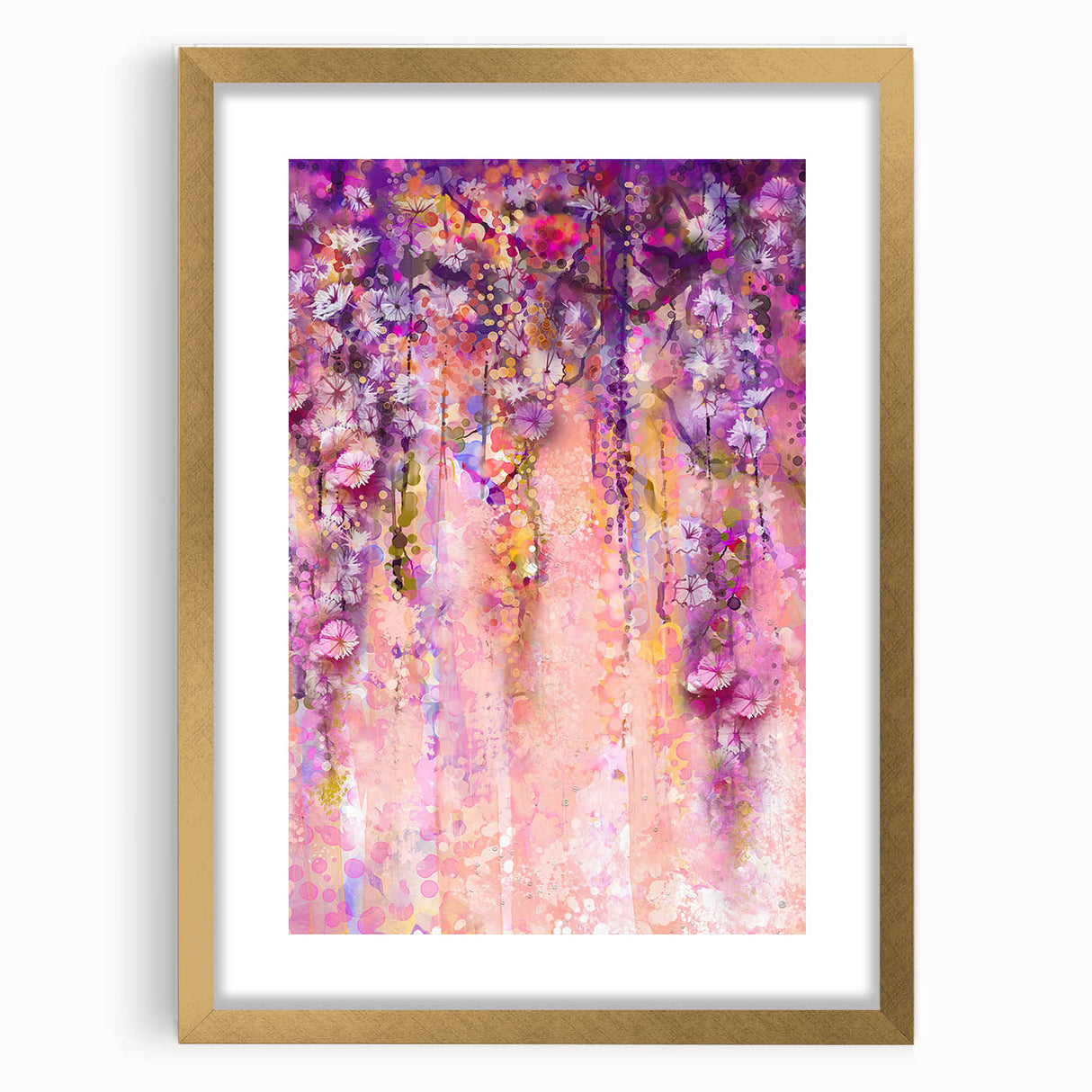 Abstract floral artwork framed in gold with a white mat, showcasing vibrant colors and intricate designs, perfect for modern home decor or gallery display.