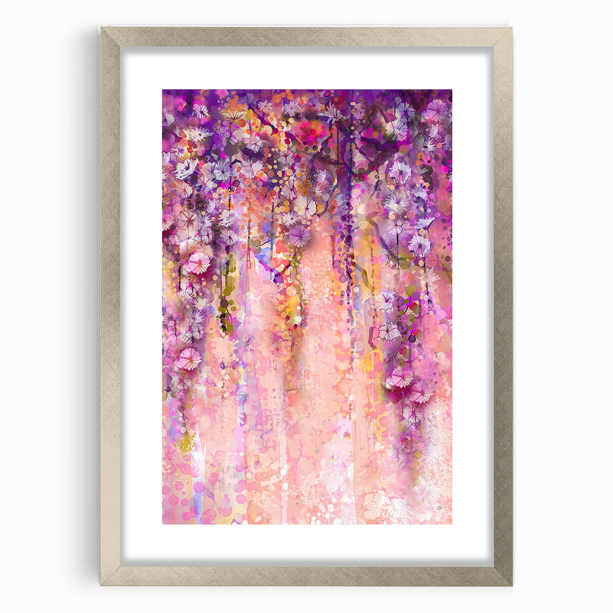 Abstract floral artwork framed in silver, showcasing intricate patterns and vibrant colors, perfect for modern home decor or gallery display. The mat enhances the visual appeal and provides a polished finish.