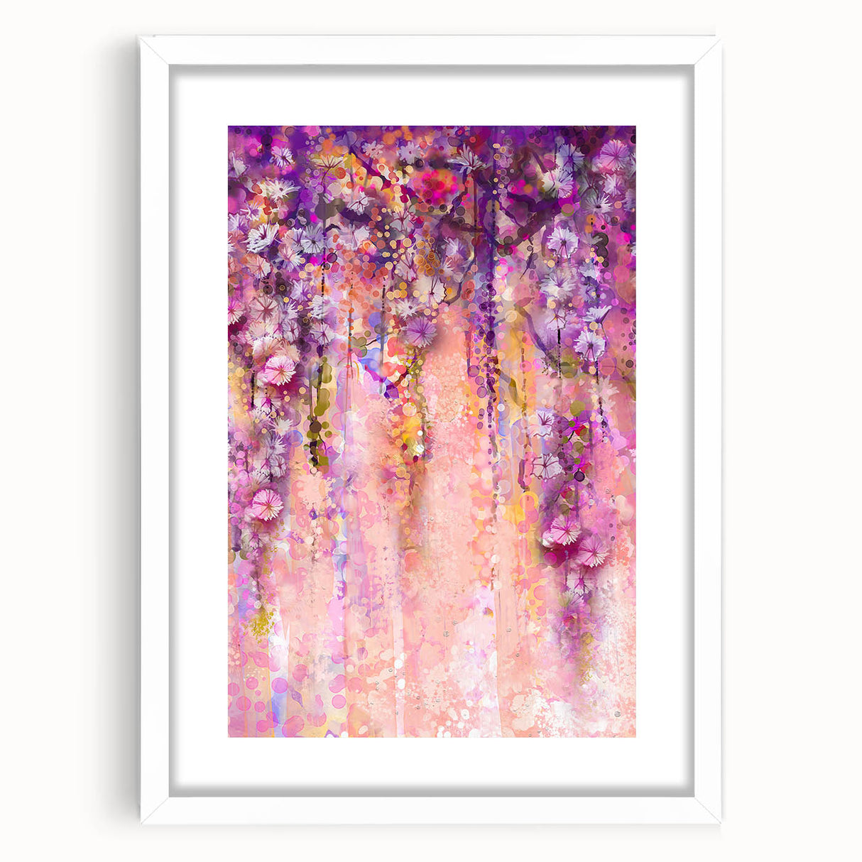 Abstract floral art frame in white matting, showcasing vibrant colors and intricate patterns, perfect for enhancing modern home decor and adding elegance to any space.