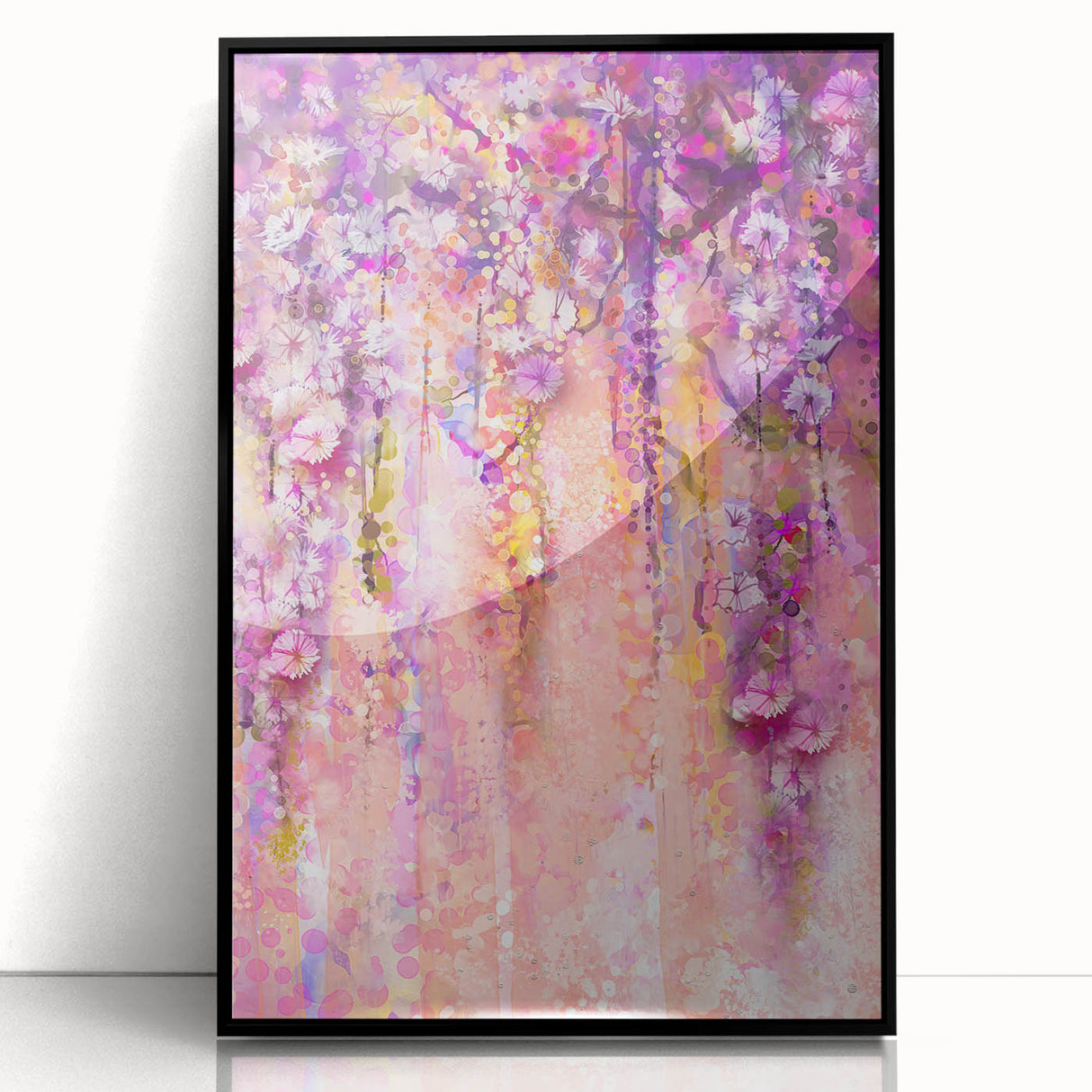 Framed abstract floral artwork in vibrant colors, featuring intricate designs and a sleek black frame, perfect for modern home decor.