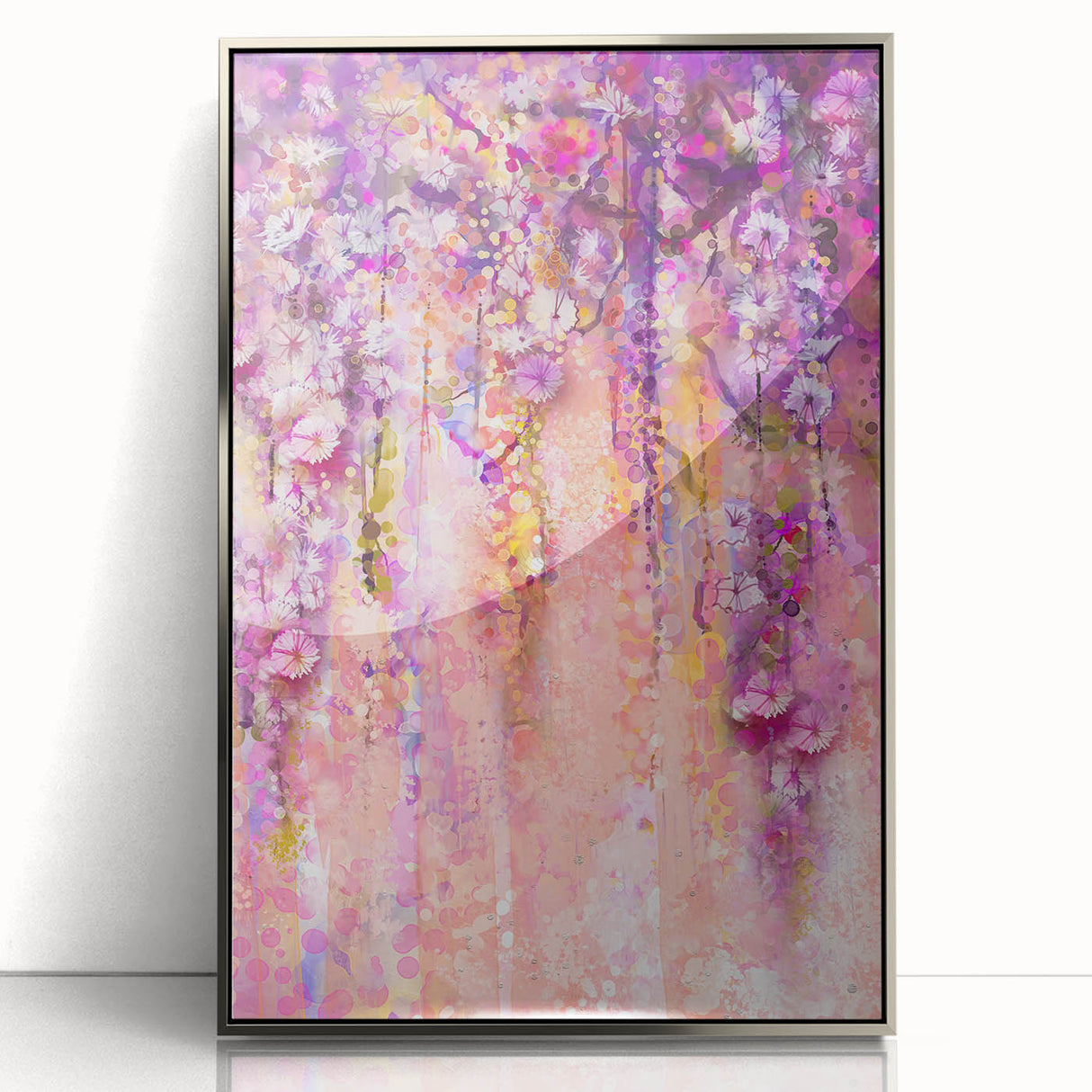 Framed abstract floral artwork in silver acrylic, showcasing vibrant colors and intricate details, perfect for modern home decor. Ideal for enhancing living spaces.