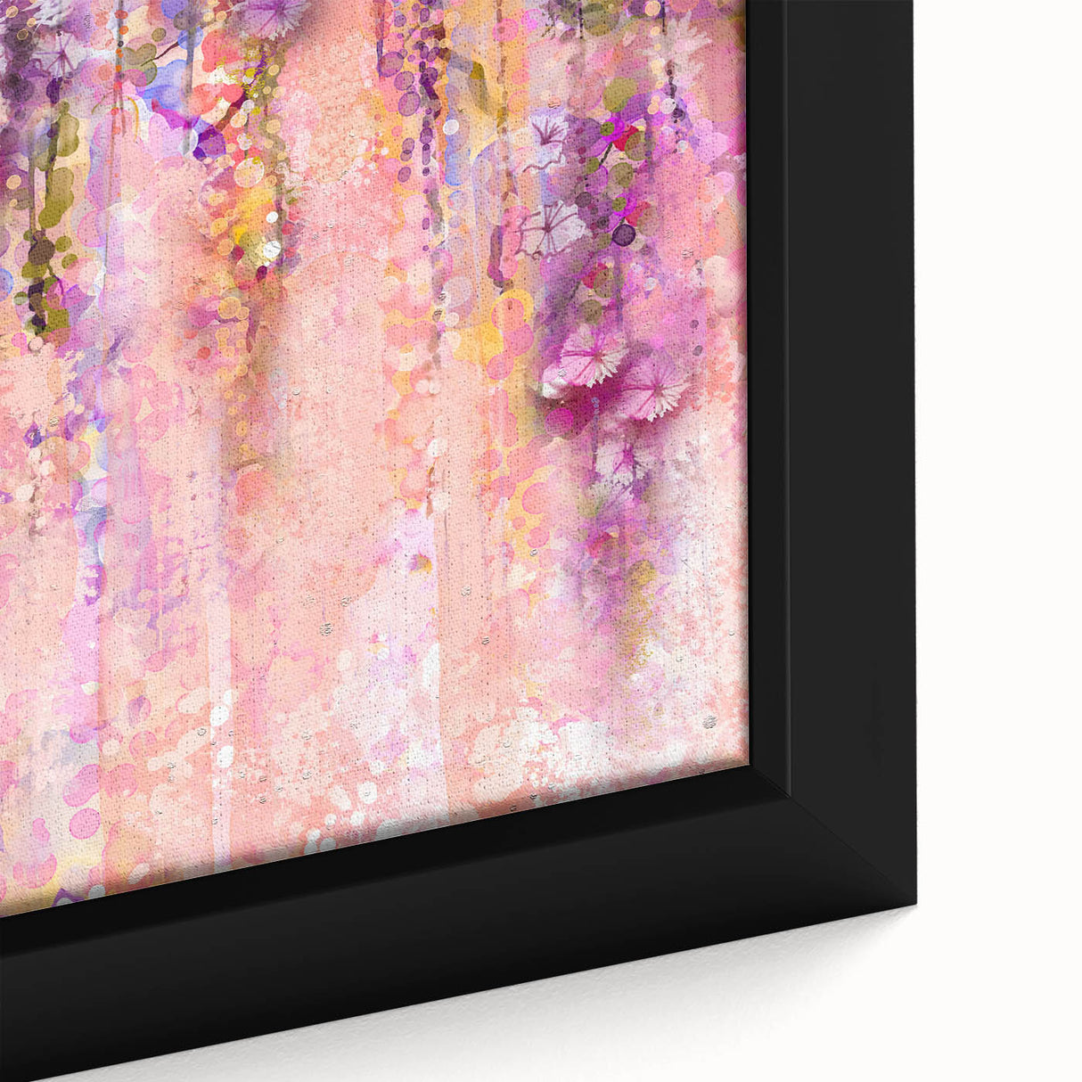 Close-up of a framed canvas showcasing vibrant abstract floral artwork with rich colors, designed to enhance home decor while adding a modern artistic touch.