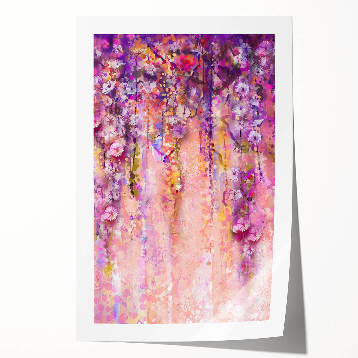Abstract floral design rolled print featuring vibrant colors in a fluid, modern composition. Perfect for home decor or artistic accent, securely packaged in a protective cardboard tube.