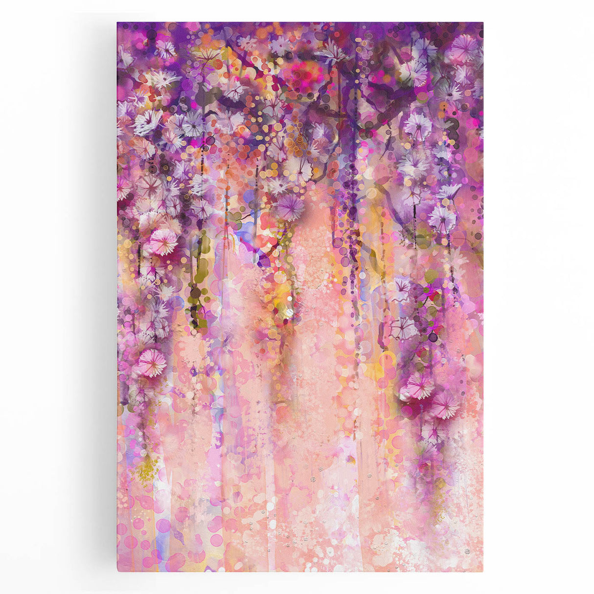 Abstract floral stretched canvas artwork in vibrant colors, showcasing intricate patterns and textures, ideal for modern home decor and artistic interiors.