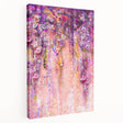 Abstract floral design on stretched canvas, showcasing vibrant colors and intricate patterns. The side view highlights its textured surface, perfect for modern decor.
