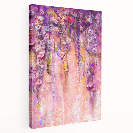 Abstract floral design on stretched canvas, showcasing vibrant colors and intricate patterns. The side view highlights its textured surface, perfect for modern decor.