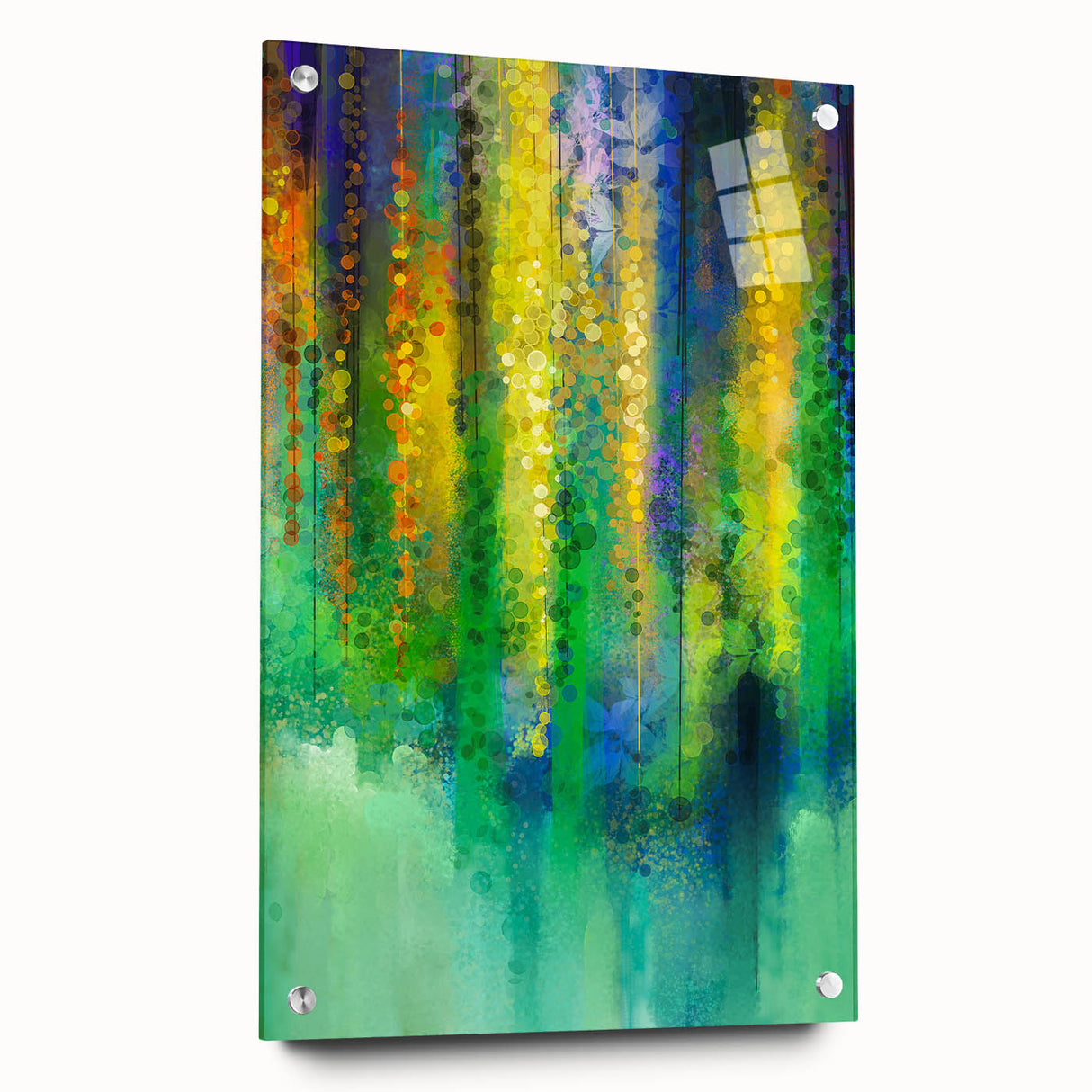 Abstract floral acrylic glass artwork displayed from a side view, showcasing vibrant colors and intricate details, secured with pins for stability. Ideal for modern home decor.