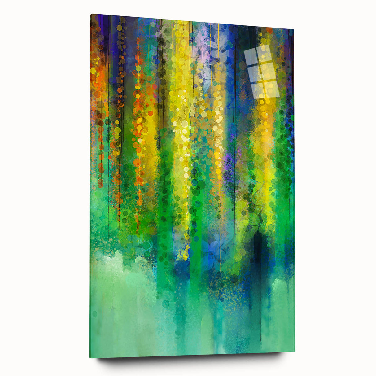 Abstract floral acrylic artwork displayed on clear glass, showcasing vibrant colors and intricate patterns, ideal for modern home decor.