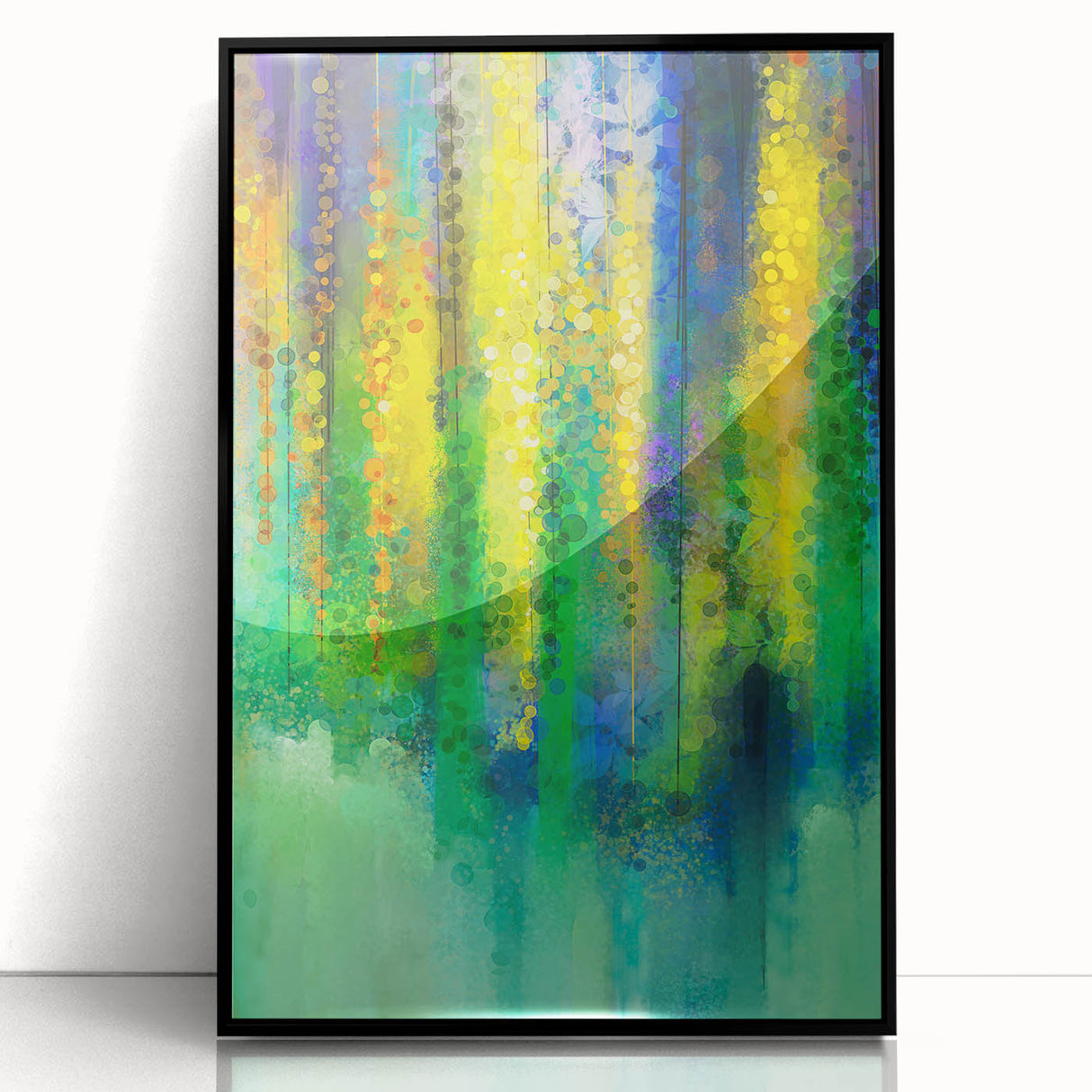 Framed abstract floral artwork in black acrylic, showcasing vibrant colors and intricate floral patterns, perfect for modern home decor. Ideal for enhancing any living space with a touch of elegance.