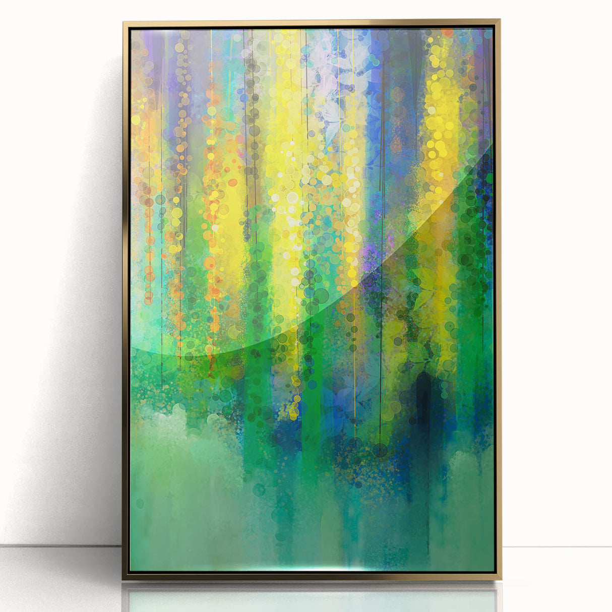 Framed abstract floral art piece with vibrant colors and intricate gold accents, ideal for modern home decor, showcasing elegance and artistic flair.