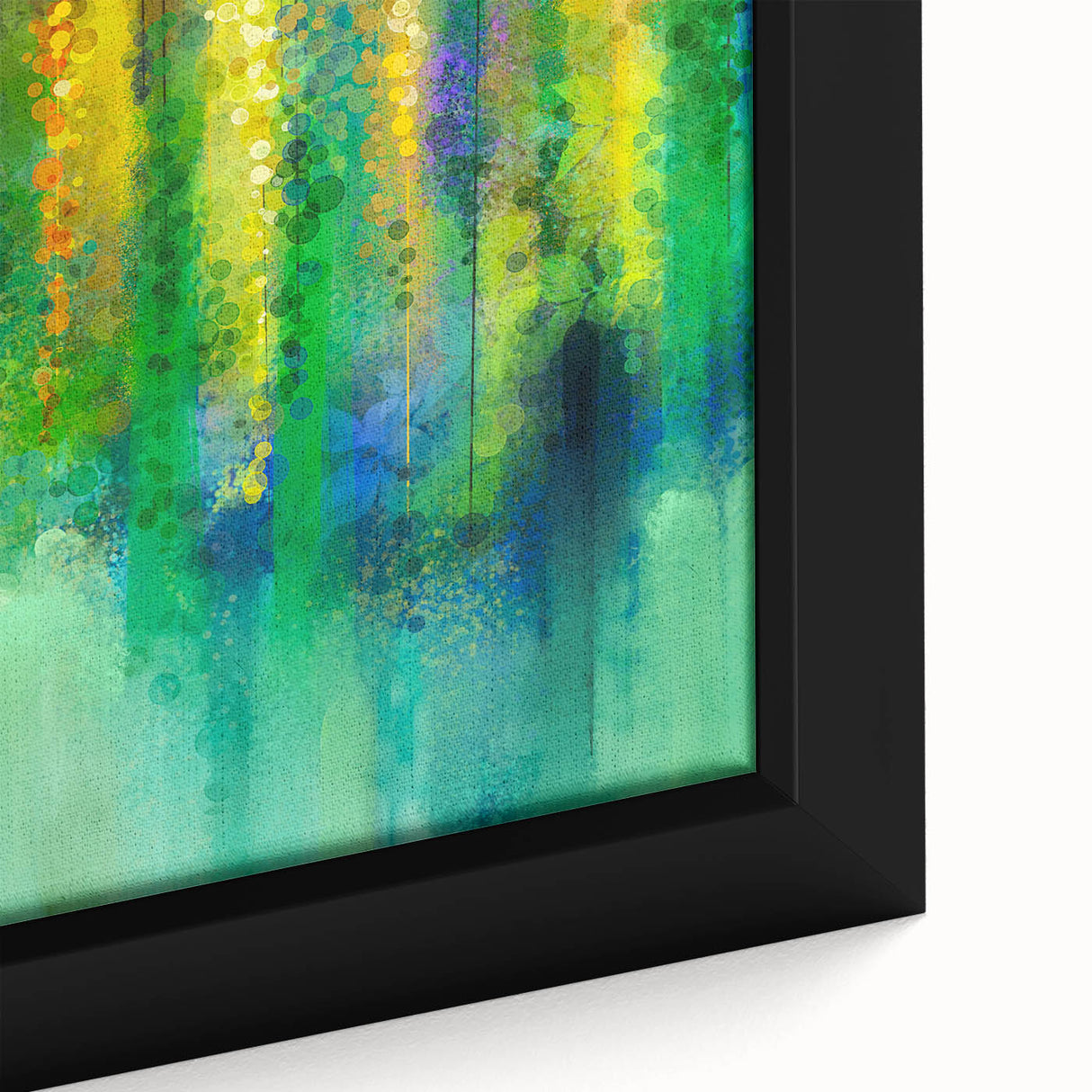 Close-up of a vibrant abstract floral framed canvas featuring bold colors like turquoise and coral, showcasing intricate brushstrokes and textures. Ideal for modern decor.